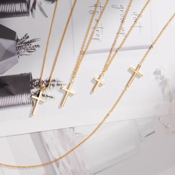 Women 04 Simple Cross Gold 14K Gold Silver Cross Necklace - Non Tarnish Jewelry - Picture 7 of 8